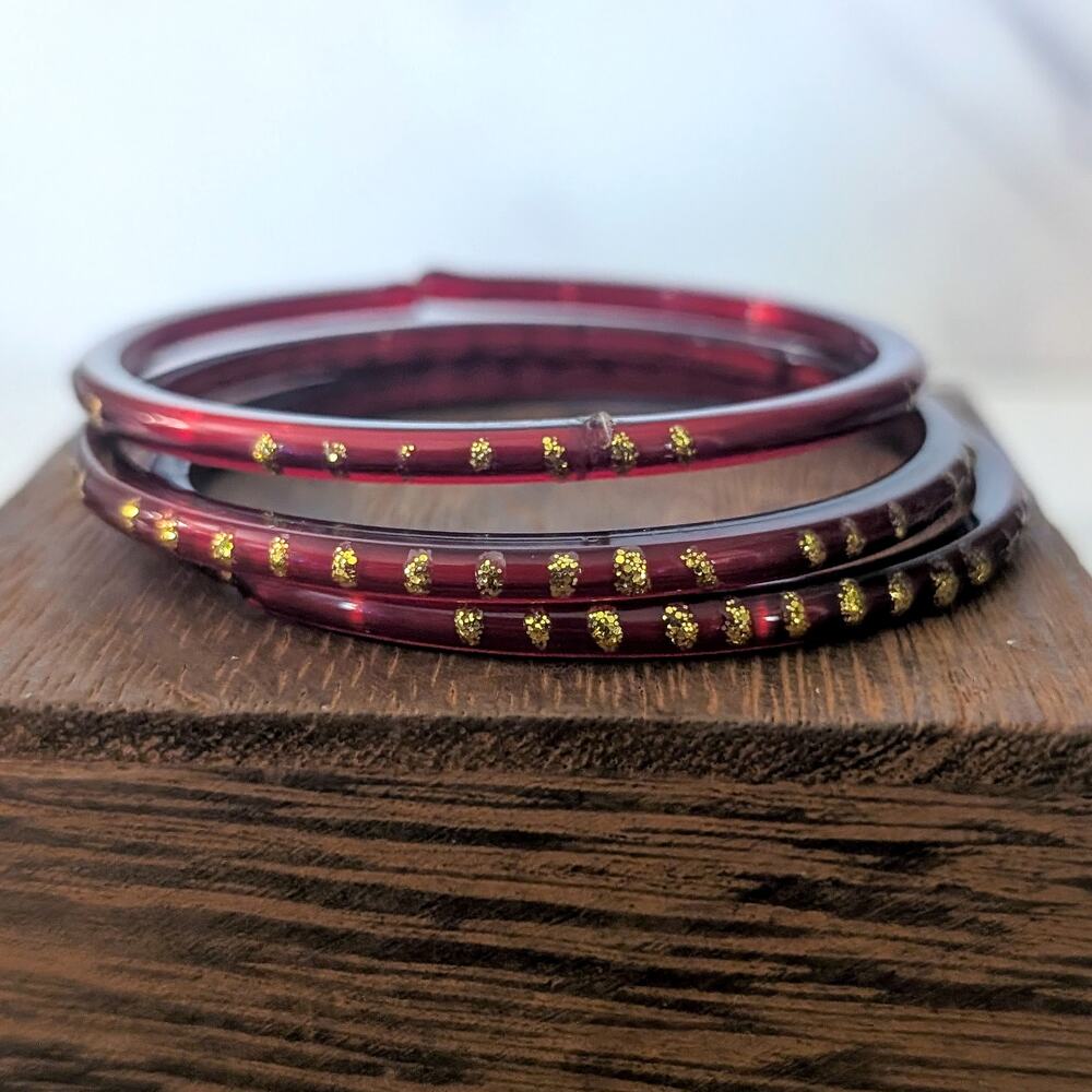 Set of 3 Dark Red Bangles with Gold Tone Glitter - Bracelets